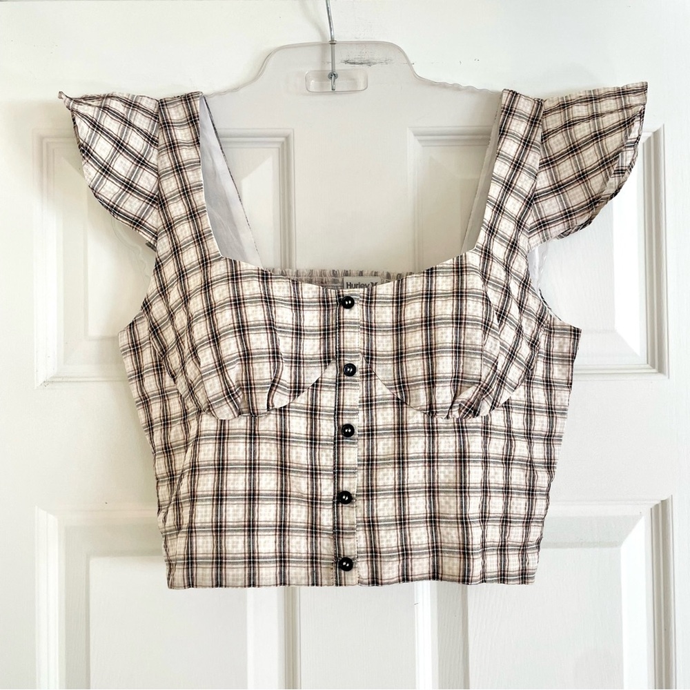 Hurley Plaid Flutter Sleeve Crop Top